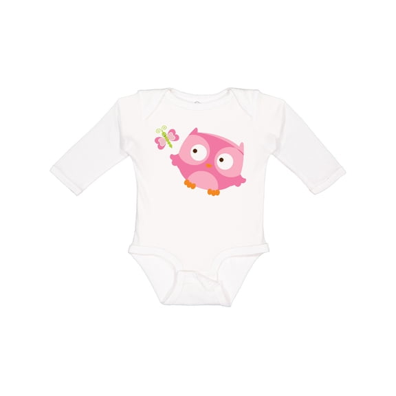 Inktastic Pink Owl and Butterfly Girls Long Sleeve Baby Bodysuit