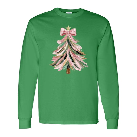 Inktastic Pink and Green Christmas Tree with Star, Bow. Long Sleeve T-Shirt
