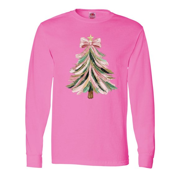 Inktastic Pink and Green Christmas Tree with Star, Bow. Long Sleeve T-Shirt