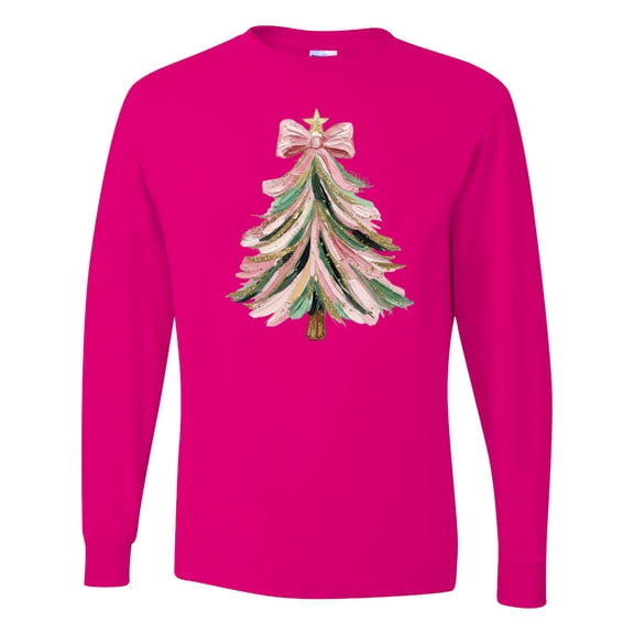 Inktastic Pink and Green Christmas Tree with Star, Bow. Long Sleeve T-Shirt