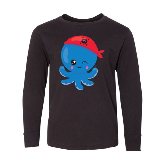 Inktastic Pirate Octopus, Blue Octopus With Red Pirate Hat Long Sleeve Youth T-Shirt