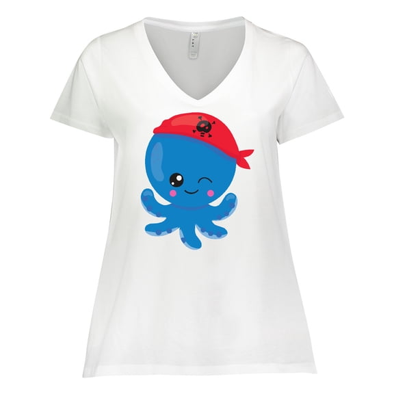 Inktastic Pirate Octopus, Blue Octopus With Red Pirate Hat Women's Plus Size V-Neck T-Shirt