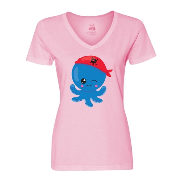 Inktastic Pirate Octopus, Blue Octopus With Red Pirate Hat Women's V-Neck T-Shirt