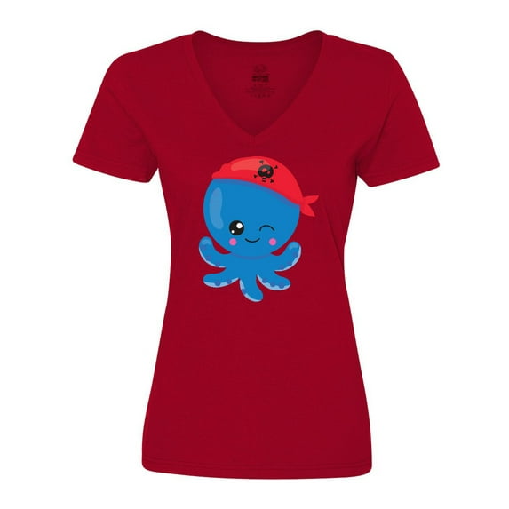 Inktastic Pirate Octopus, Blue Octopus With Red Pirate Hat Women's V-Neck T-Shirt