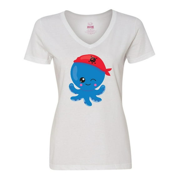 Inktastic Pirate Octopus, Blue Octopus With Red Pirate Hat Women's V-Neck T-Shirt