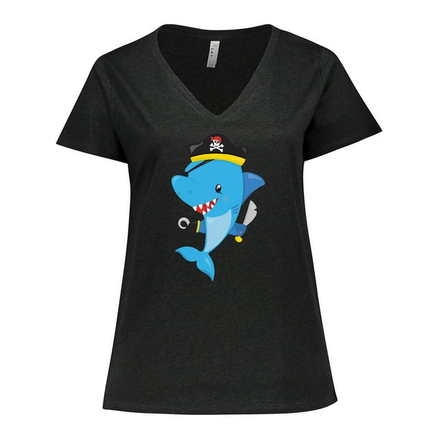 Inktastic Pirate Shark, Shark Wearing Pirate Hat, Blue Shark Women's Plus Size V-Neck T-Shirt