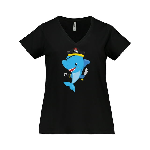 Inktastic Pirate Shark, Shark Wearing Pirate Hat, Blue Shark Women's Plus Size V-Neck T-Shirt
