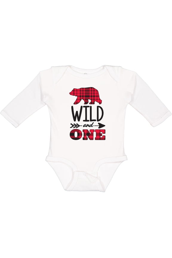 Plaid Bear Wild and 1 with Arrow Boys or Girls Long Sleeve Baby Bodysuit
