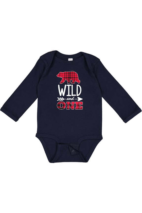 Plaid Bear Wild and 1 with Arrow Boys or Girls Long Sleeve Baby Bodysuit