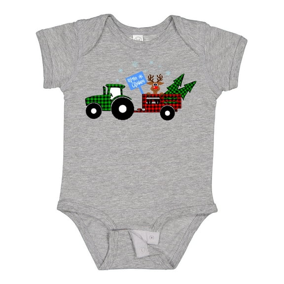 Inktastic Plaid Christmas Tractor With Cute Reindeer Boys or Girls Baby Bodysuit