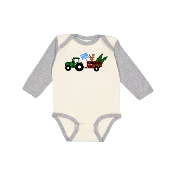 Inktastic Plaid Christmas Tractor With Cute Reindeer Boys or Girls Long Sleeve Baby Bodysuit