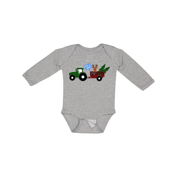 Inktastic Plaid Christmas Tractor With Cute Reindeer Boys or Girls Long Sleeve Baby Bodysuit
