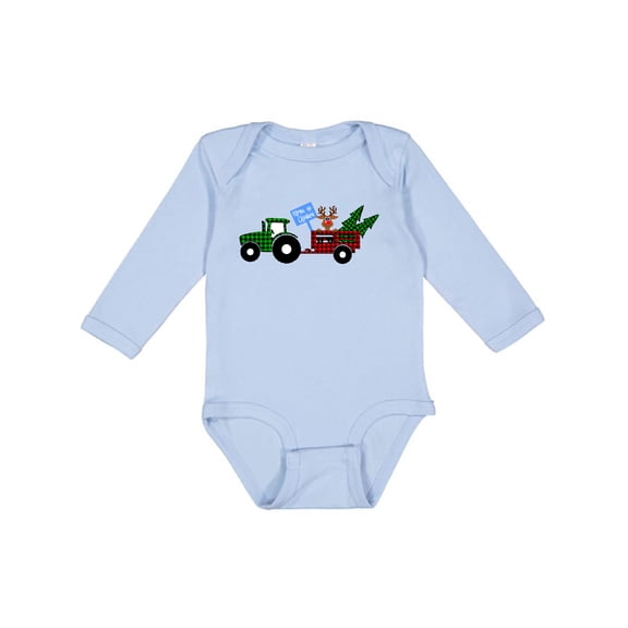 Inktastic Plaid Christmas Tractor With Cute Reindeer Boys or Girls Long Sleeve Baby Bodysuit