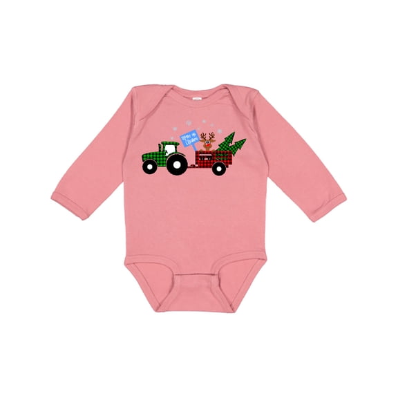 Inktastic Plaid Christmas Tractor With Cute Reindeer Boys or Girls Long Sleeve Baby Bodysuit