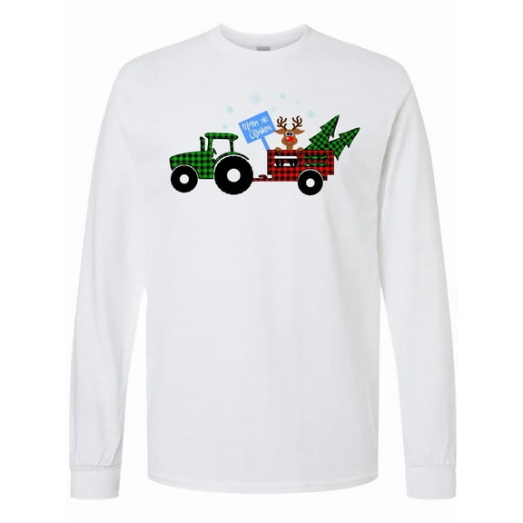 Inktastic Plaid Christmas Tractor with Cute Reindeer Long Sleeve T-Shirt