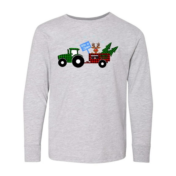 Inktastic Plaid Christmas Tractor With Cute Reindeer Long Sleeve Youth T-Shirt