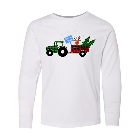 Inktastic Plaid Christmas Tractor With Cute Reindeer Long Sleeve Youth T-Shirt