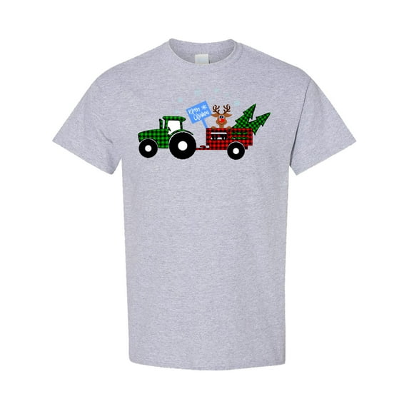 Inktastic Plaid Christmas Tractor with Cute Reindeer T-Shirt