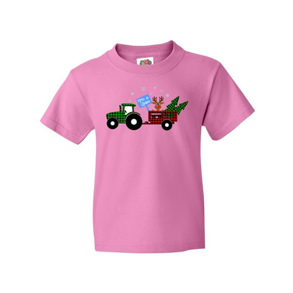 Inktastic Plaid Christmas Tractor With Cute Reindeer Youth T-Shirt