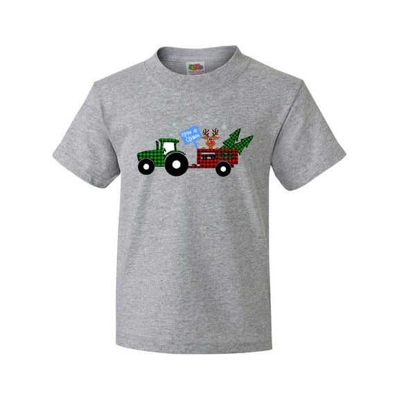 Inktastic Plaid Christmas Tractor With Cute Reindeer Youth T-Shirt