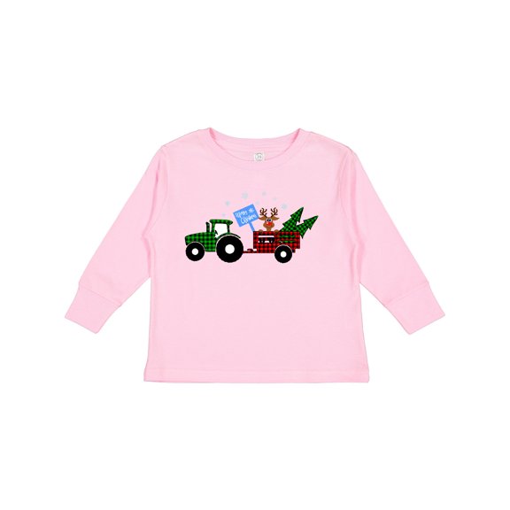 Inktastic Plaid Christmas Tractor with Cute Reindeer Boys or Girls Long Sleeve Toddler T-Shirt