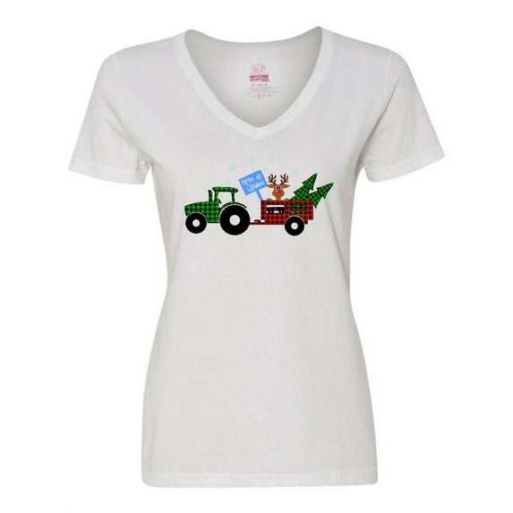 Inktastic Plaid Christmas Tractor with Cute Reindeer Women's V-Neck T-Shirt