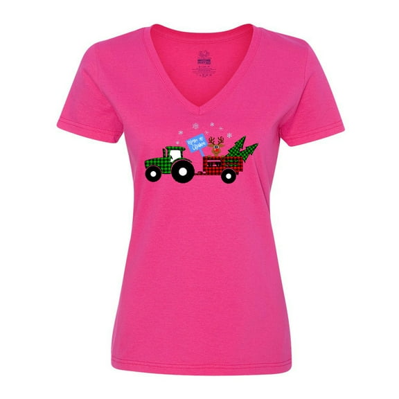 Inktastic Plaid Christmas Tractor with Cute Reindeer Women's V-Neck T-Shirt