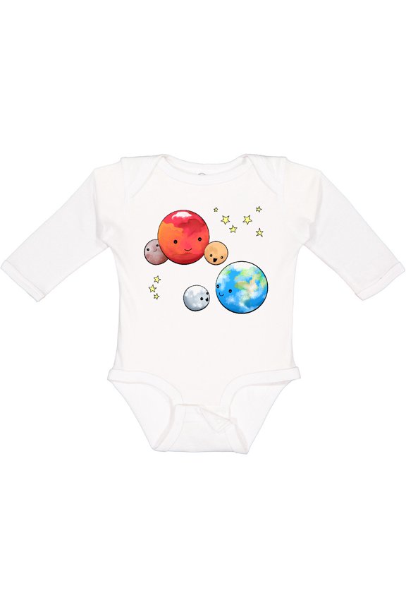 Planetary Playdate Cute Earth, Mars, and Moons Boys or Girls Long Sleeve Baby Bodysuit