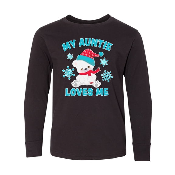 Inktastic Polar Bear My Auntie Loves Me in Santa Hat with Snowflakes Long Sleeve Youth T-Shirt