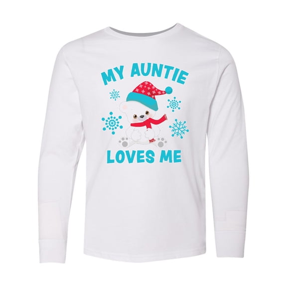 Inktastic Polar Bear My Auntie Loves Me in Santa Hat with Snowflakes Long Sleeve Youth T-Shirt