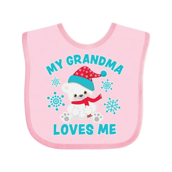 Inktastic Polar Bear My Grandma Loves Me in Santa Hat with Snowflakes Boys or Girls Baby Bib