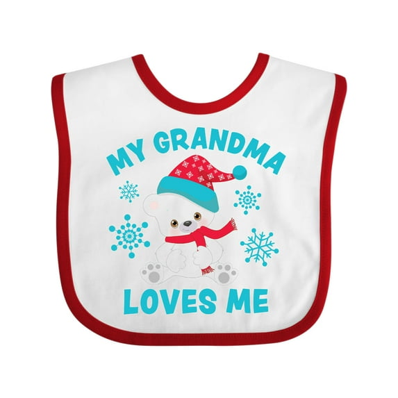 Inktastic Polar Bear My Grandma Loves Me in Santa Hat with Snowflakes Boys or Girls Baby Bib