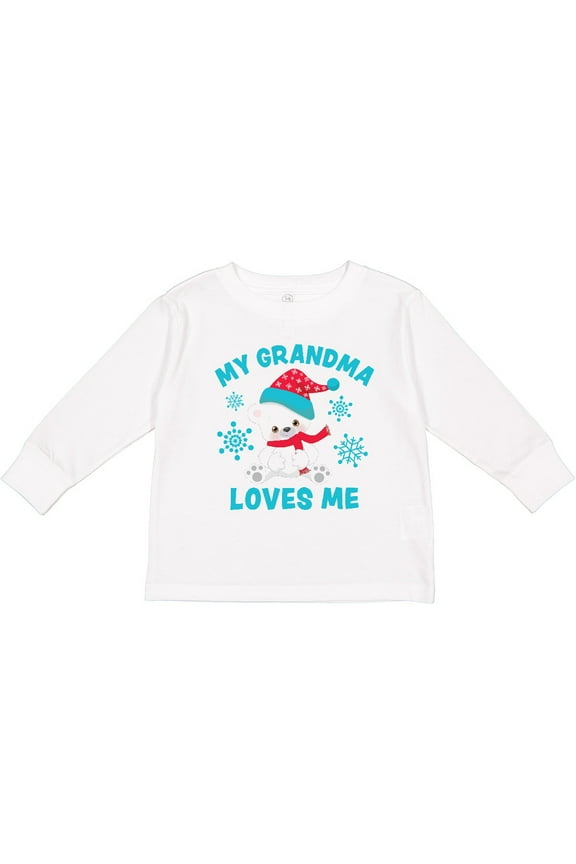 Polar Bear My Grandma Loves Me in Santa Hat with Snowflakes Boys or Girls Long Sleeve Toddler T-Shirt
