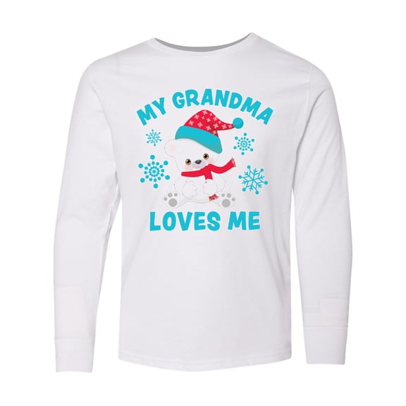 Inktastic Polar Bear My Grandma Loves Me in Santa Hat with Snowflakes Long Sleeve Youth T-Shirt