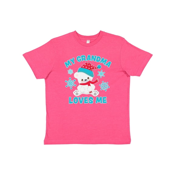 Inktastic Polar Bear My Grandma Loves Me in Santa Hat with Snowflakes Youth T-Shirt
