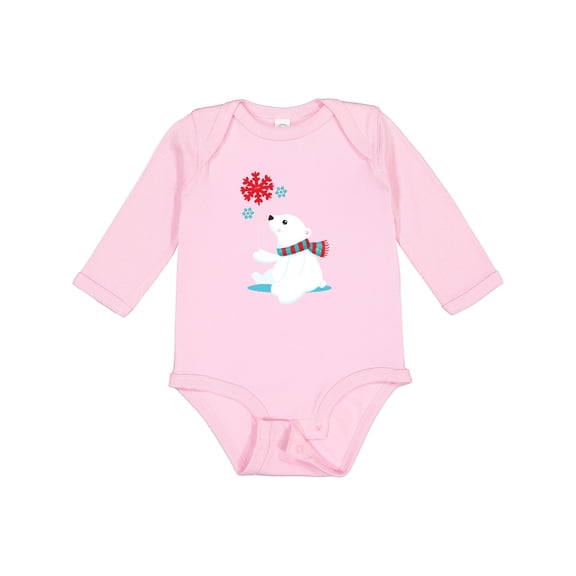 Inktastic Polar Bear With A Scarf, White Bear, Snowflakes Boys or Girls Long Sleeve Baby Bodysuit