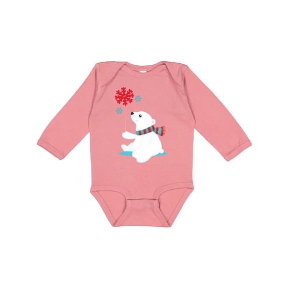 Inktastic Polar Bear With A Scarf, White Bear, Snowflakes Boys or Girls Long Sleeve Baby Bodysuit