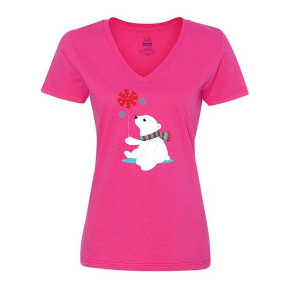 Inktastic Polar Bear With A Scarf, White Bear, Snowflakes Women's V-Neck T-Shirt