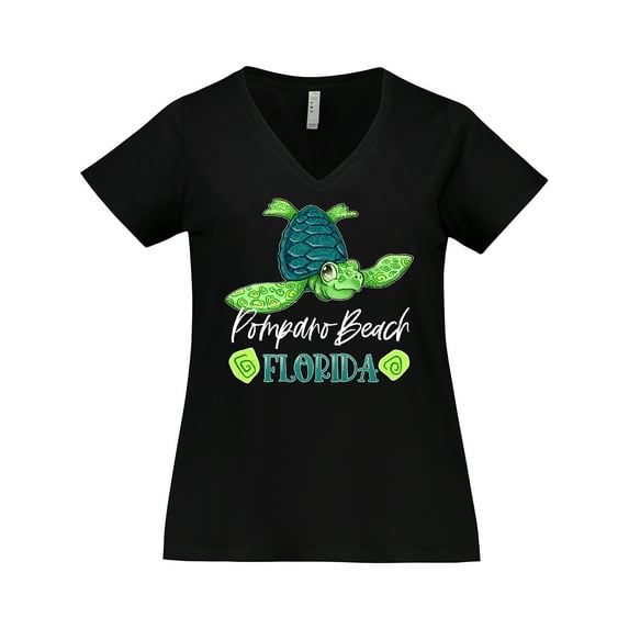Inktastic Pompano Beach, Florida Happy Sea Turtle Women's Plus Size V-Neck T-Shirt