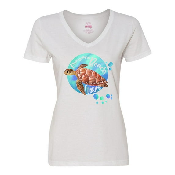 Inktastic Pompano Beach, Florida Swimming Sea Turtle with Bubbles Women's V-Neck T-Shirt