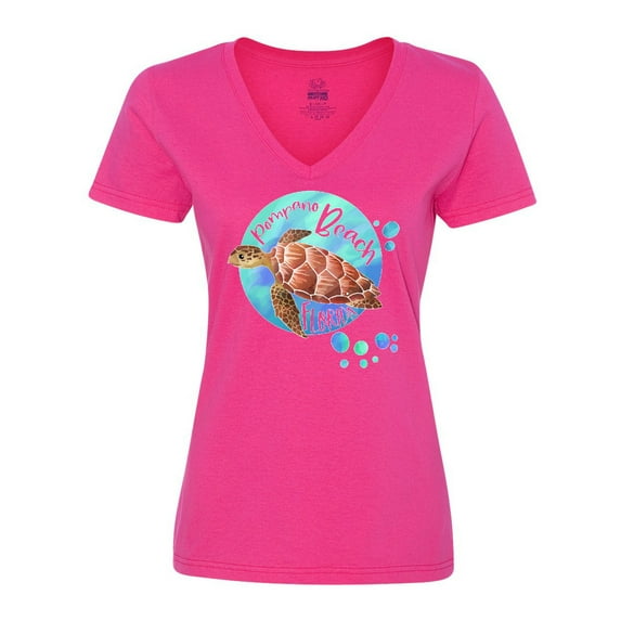 Inktastic Pompano Beach, Florida Swimming Sea Turtle with Bubbles Women's V-Neck T-Shirt