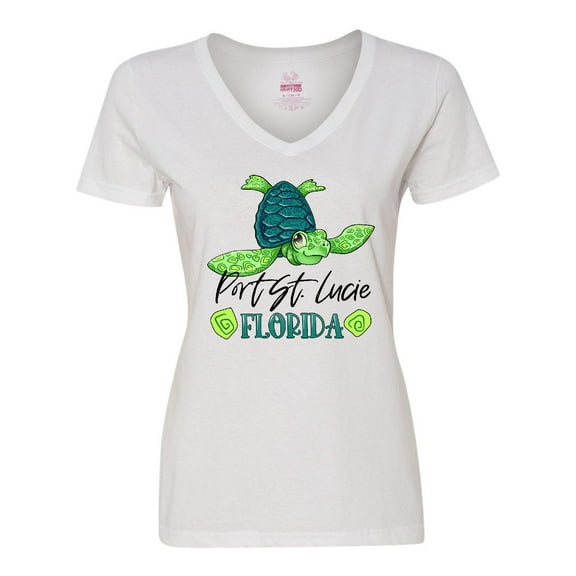 Inktastic Port St. Lucie, Florida Happy Sea Turtle Women's V-Neck T-Shirt