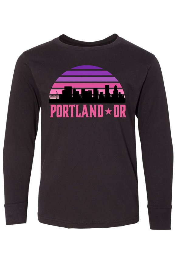 Portland Oregon Retro Sunset Skyline Long Sleeve Youth T-Shirt
