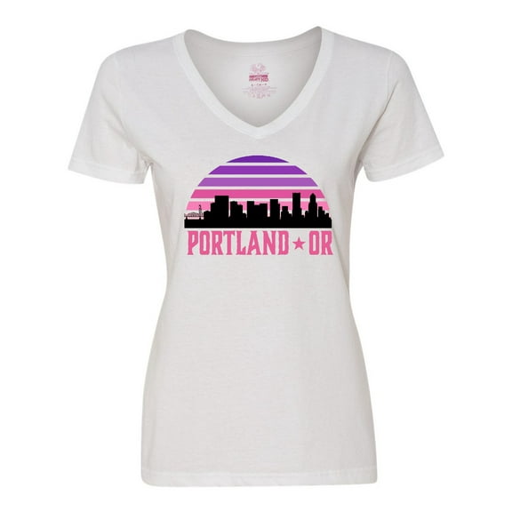 Inktastic Portland Oregon Retro Sunset Skyline Women's V-Neck T-Shirt