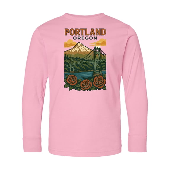 Inktastic Portland Oregon Scenic Bridge and Mountain Artwork Long Sleeve Youth T-Shirt