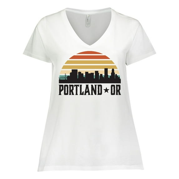 Inktastic Portland Oregon Skyline Retro Sunset Women's Plus Size V-Neck T-Shirt