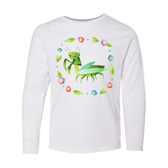 Inktastic Praying Mantis with Flowers and Leaves Long Sleeve Youth T-Shirt