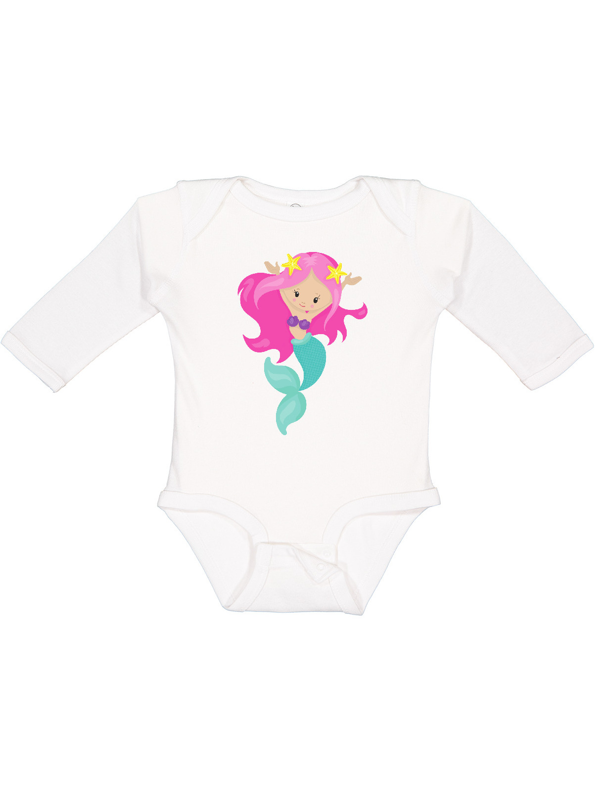 Inktastic Pretty Mermaid With Long Pink Hair and Green Tail Girls Long Sleeve Baby Bodysuit - image 1 of 4