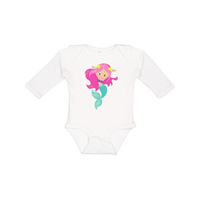 Inktastic Pretty Mermaid With Long Pink Hair and Green Tail Girls Long Sleeve Baby Bodysuit