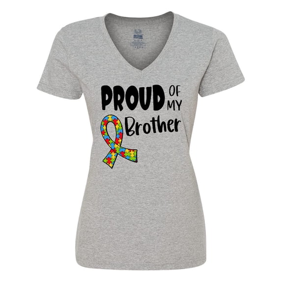 Inktastic Proud of my Brother Autism Awareness Puzzle Piece Ribbon Women's V-Neck T-Shirt